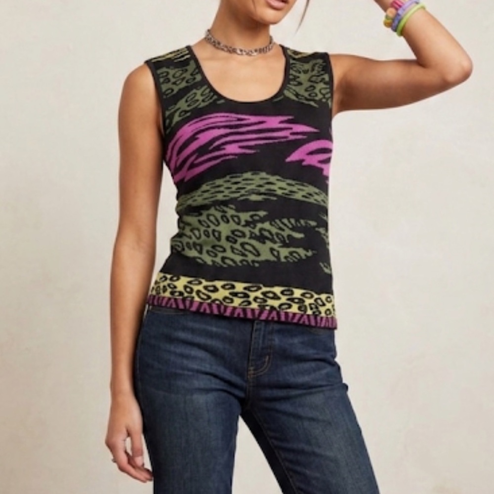 Cache Y2K 90s Multicolor‎ Animal Print Cheetah Sleeveless Knit Top Size Medium